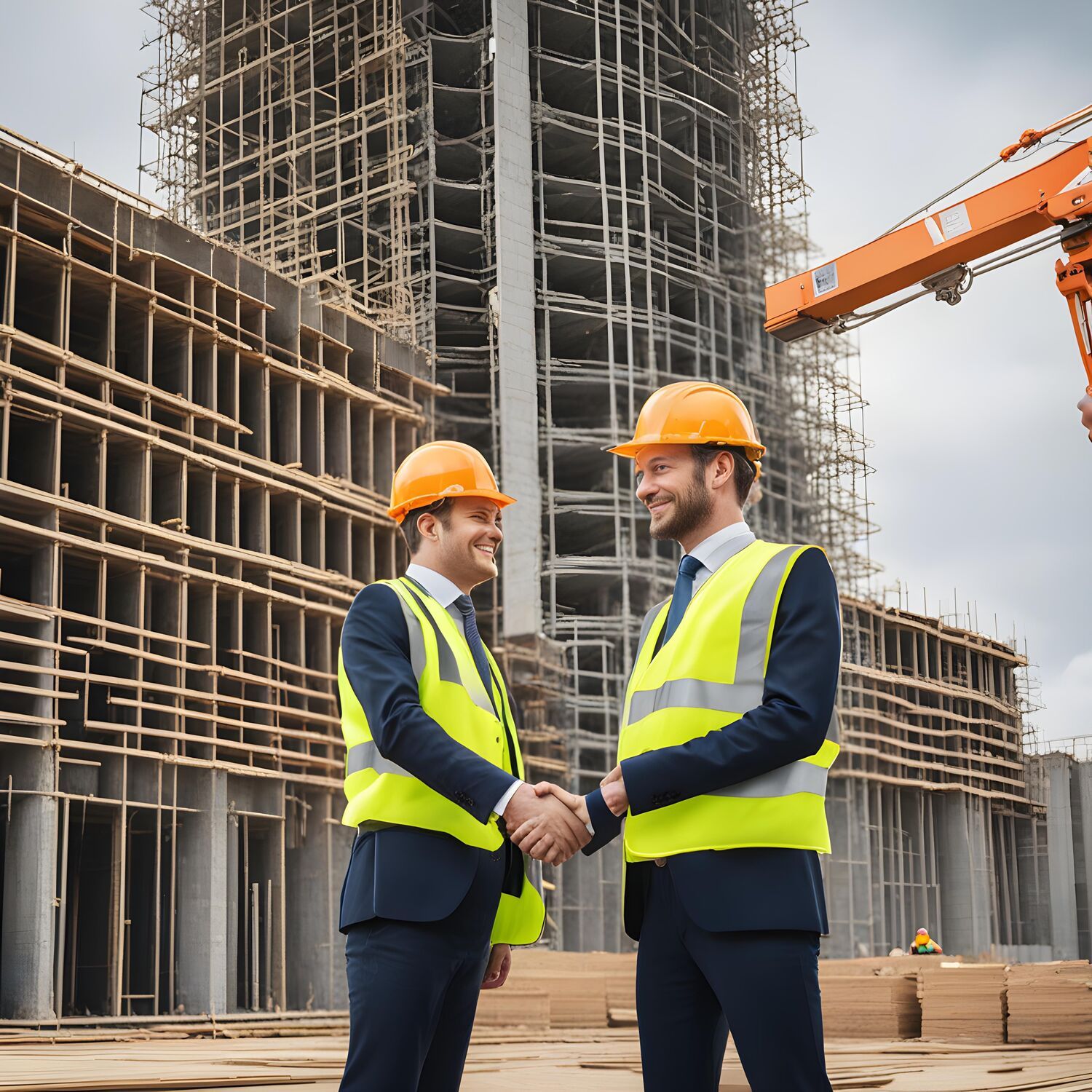 Two construction workers shaking hands on a building site